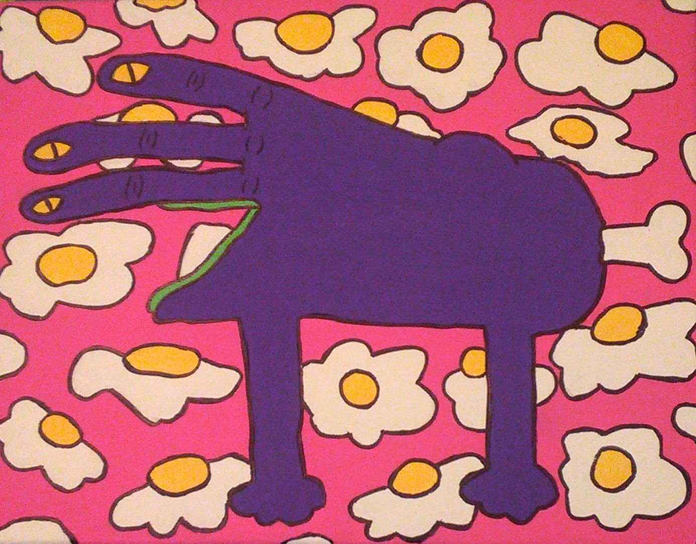 a hand shaped monster on a backdrop of eggs and pink
