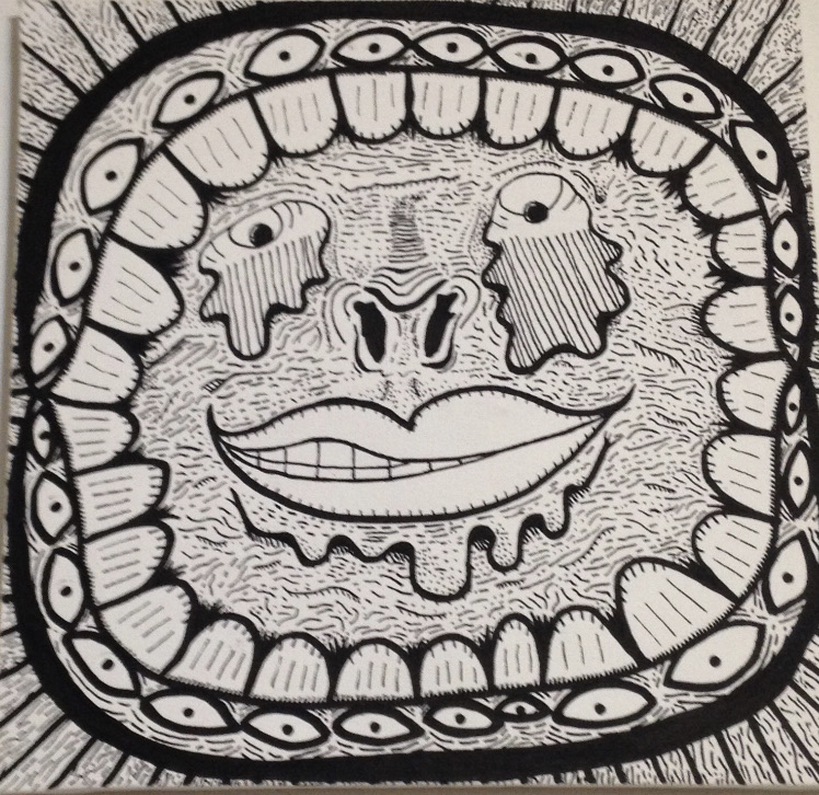 a face with too many teeth and eyes